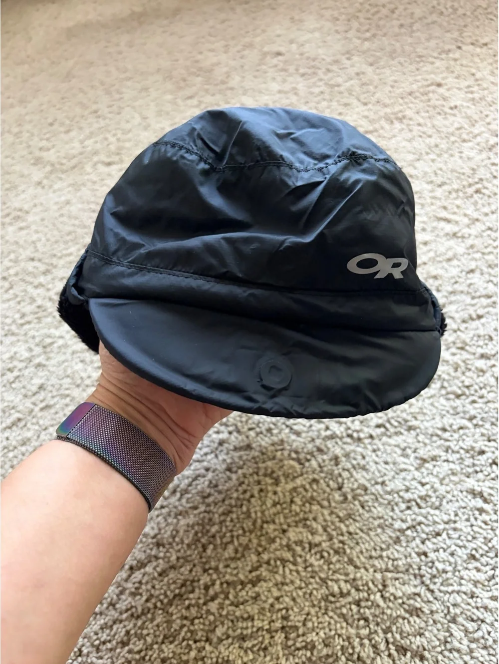 Outdoor Research Frostline Hat Black soft fleece lining fold-down earflaps